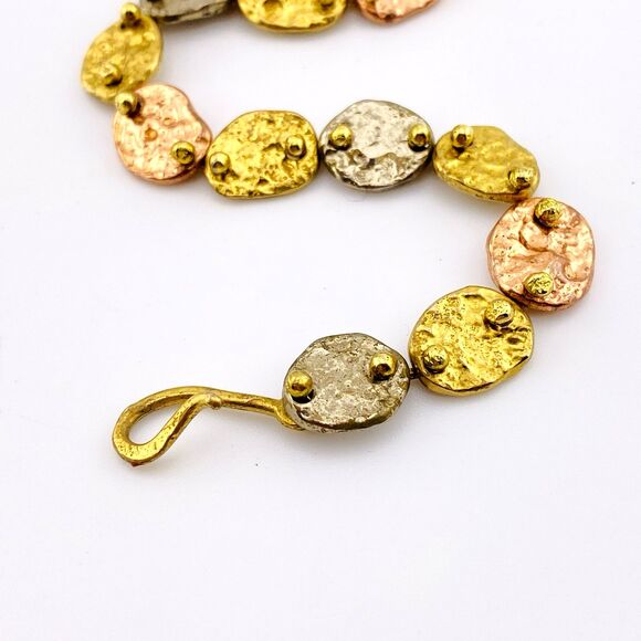Brutalist Modernist Anne Dick Oval Hammered Mixed Metal Disc Links Bracelet VTG - Picture 4 of 5